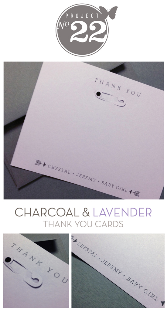 gray and purple lavender thank you card baby safety pin